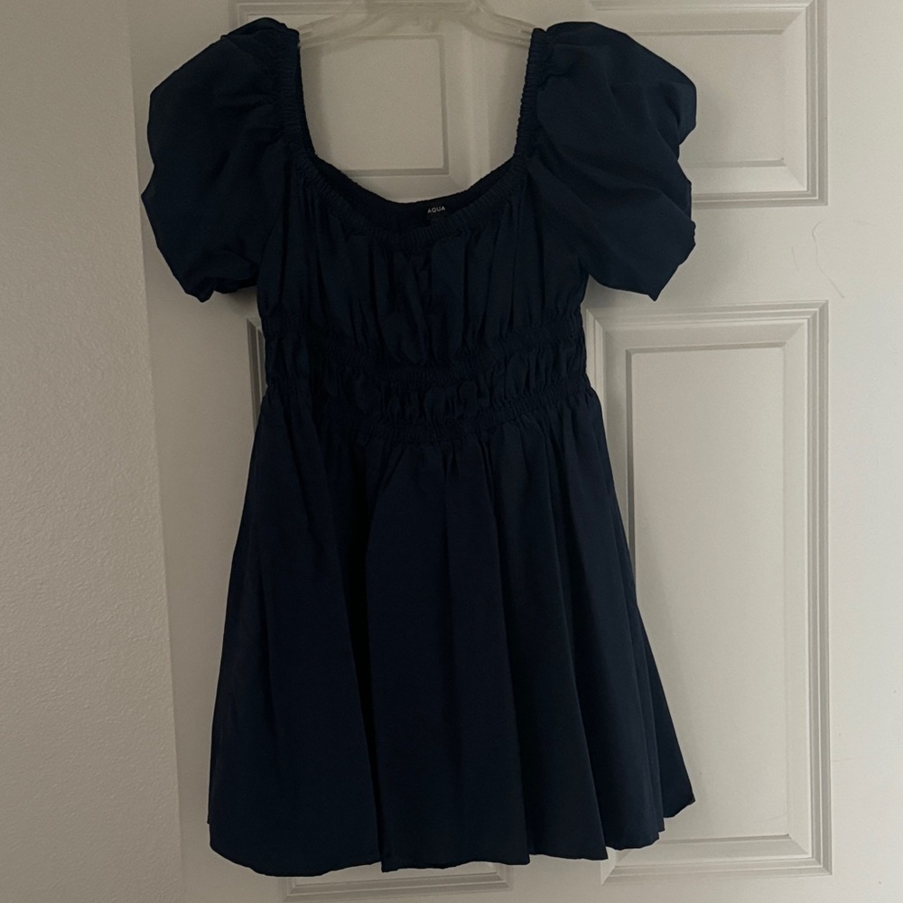 AQUA Dark Blue Puff Sleeve Dress